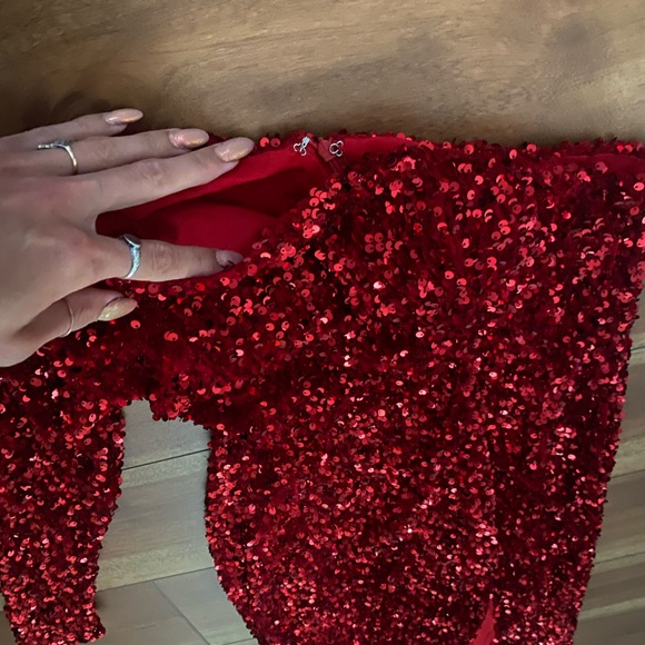 Red Sequin One Shoulder Evening Gown - Picture 3 of 5